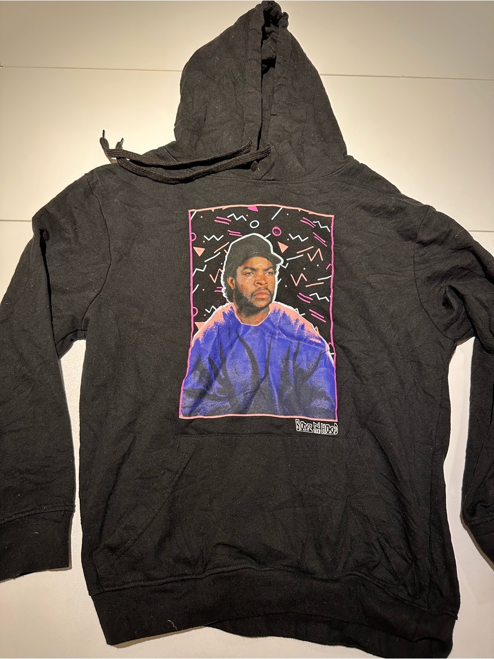 Black Graphic Hoodie with Purple Portrait Accent